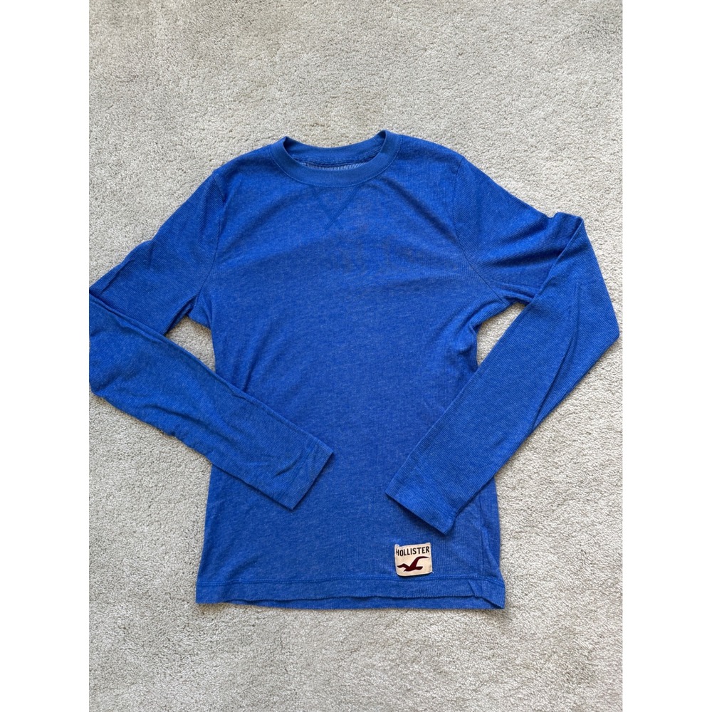 Hollister Mens Long Sleeve Thermal Shirt Blue Ribbed Crew Neck Large Logo Patch